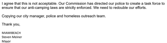Miami Beach Mayor Steven Meiner responded to an email from a resident who raised concerns about the homeless population last August.